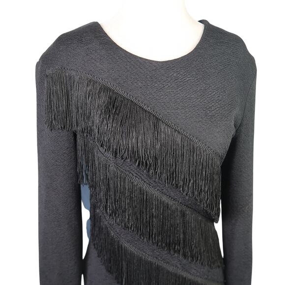 Vintage 80s Unit Black Western Fringe Trim Bodycon Knee Length Dress L - Picture 2 of 6